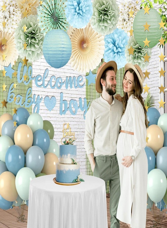 Vztipki Dusty Blue Sage Green Baby Shower Decorations -Welcome Baby Boy Banner, Retro Sea-blue Green Balloons, 'Oh Baby' Cake Topper, Pom Poms Flowers Paper Fan For Birthday Jungle Boho Blue-Party Décor - Image 3